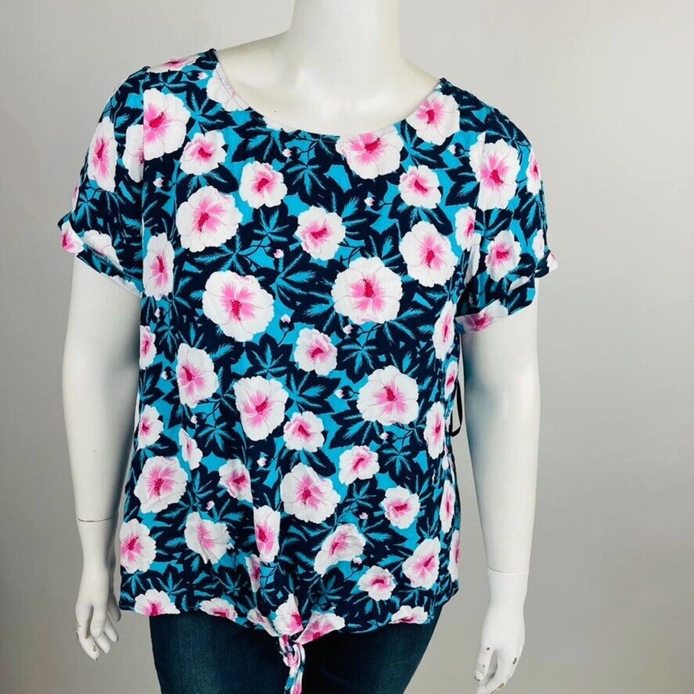 Westport Womans Sz 2X Blouse Shirt Floral Blue Short Sleeve Tie Detail - Picture 2 of 7